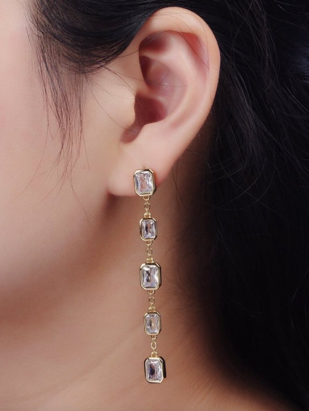 14K Gold Filled 70mm Multiple Cubic Zirconia Baguette Drop Stud Earrings
